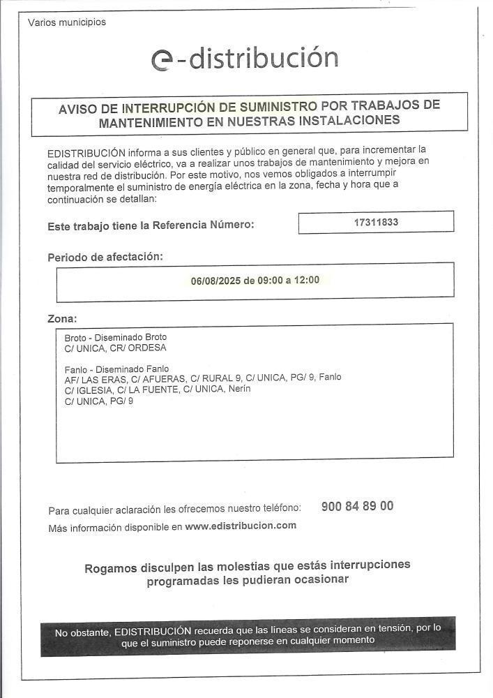 Imagen AVISO DE E-DISTRIBUCIÓN: INTERRUPCIÓN DE SUMINISTRO