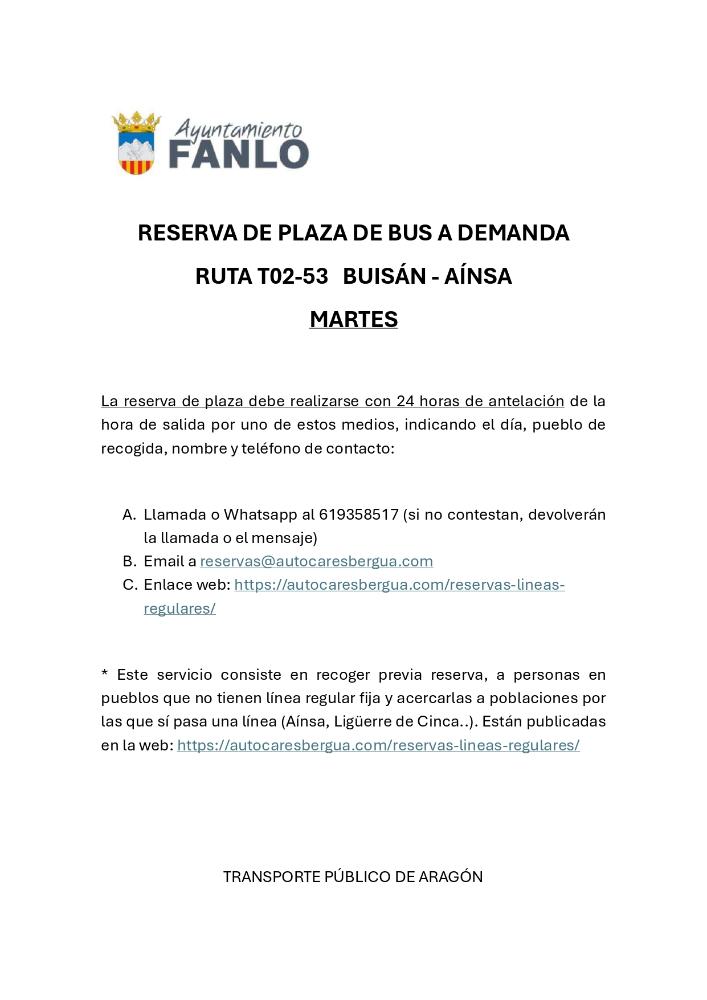 Imagen Servicio BUS a demanda BUISÁN - AÍNSA los martes