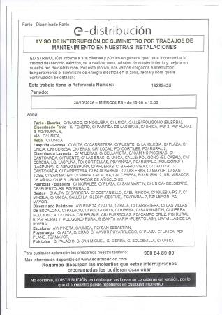 Imagen Aviso interrupción suministro de energía eléctrica E-Distribución