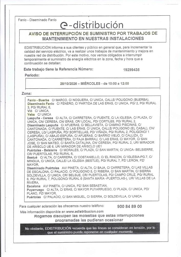 Imagen Aviso interrupción suministro de energía eléctrica E-Distribución
